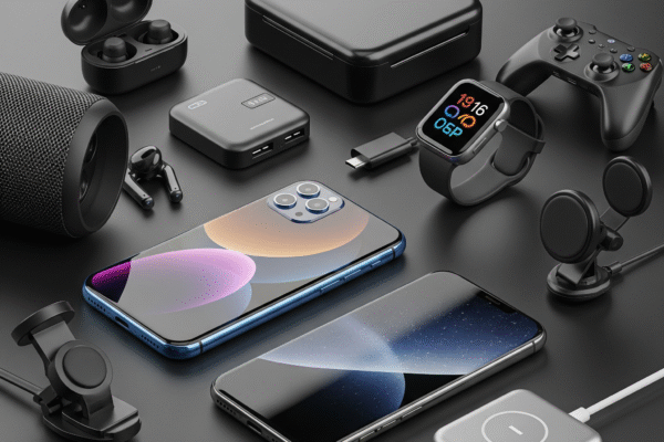 Various mobile gadgets like a smartphone, tablet, smartwatch, and wireless earbuds arranged to show their interconnectedness and importance in daily digital life.
