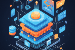 A stylized illustration of a smartphone screen showing digital layers or circuitry, conveying the invisible "brain" of a mobile operating system managing apps and connectivity.